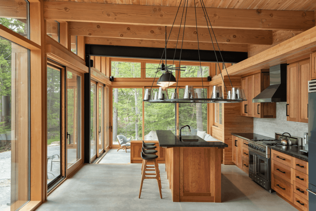 Open concept kitchen inside the Heated Rivalry cottage — Barlochan Cottage Airbnb