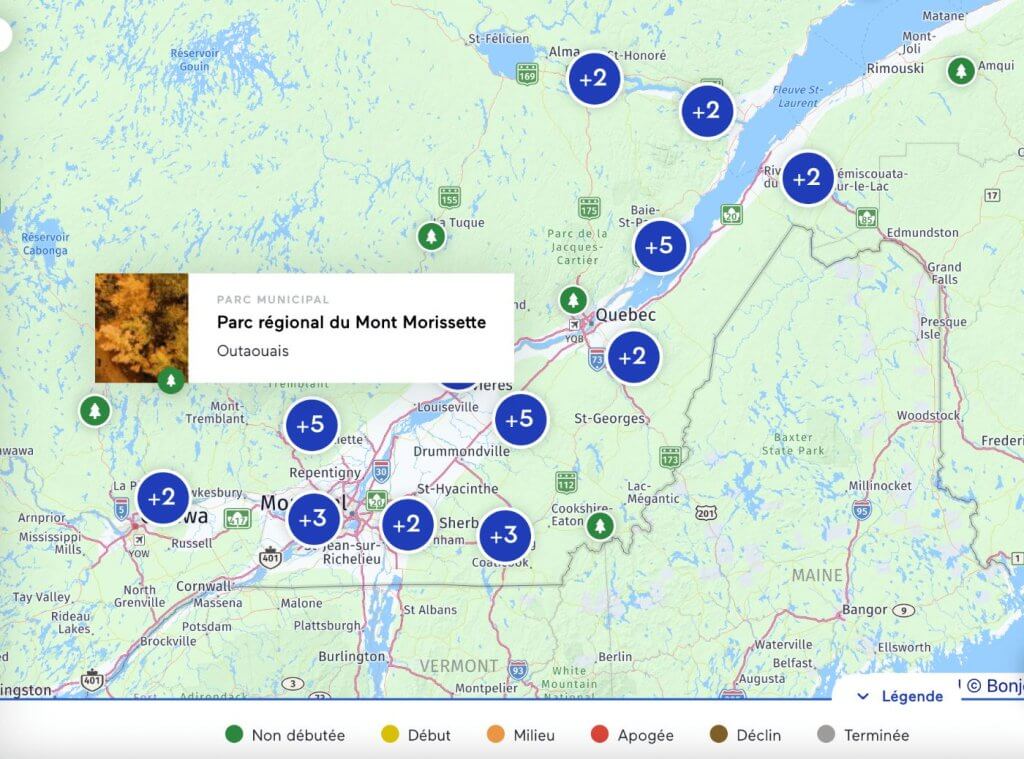 Carte Bonjour Québec de l'évolution des couleurs d'automne par région