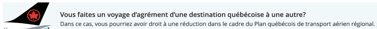 Bandeau du Programme d’accès aérien aux régions (PAAR) affiché dans les résultats de recherche de vols sur le site d’Air Canada