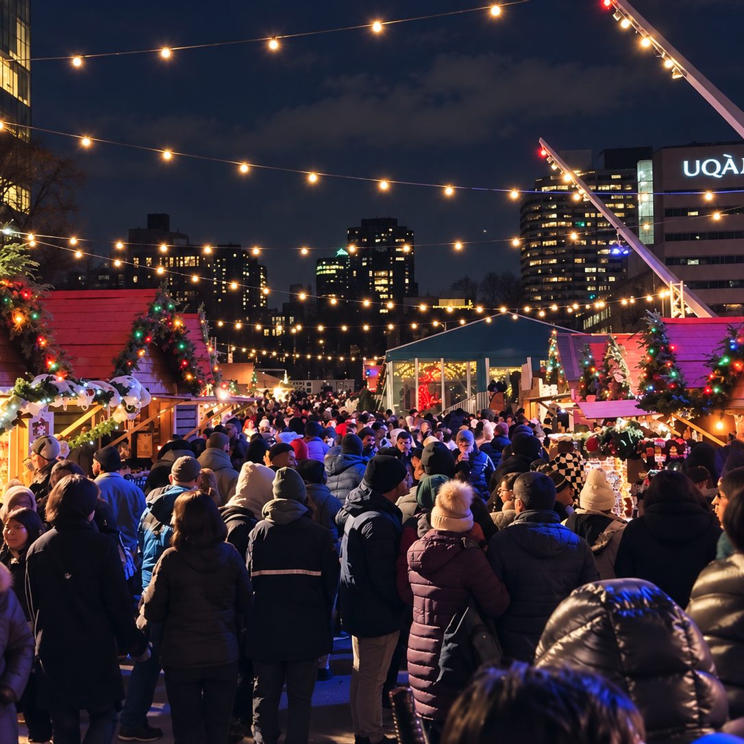 Foule sous les guirlandes lumineuses entre les chalets décorés du Grand Marché de Noël de Montréal, dans le Quartier des spectacles