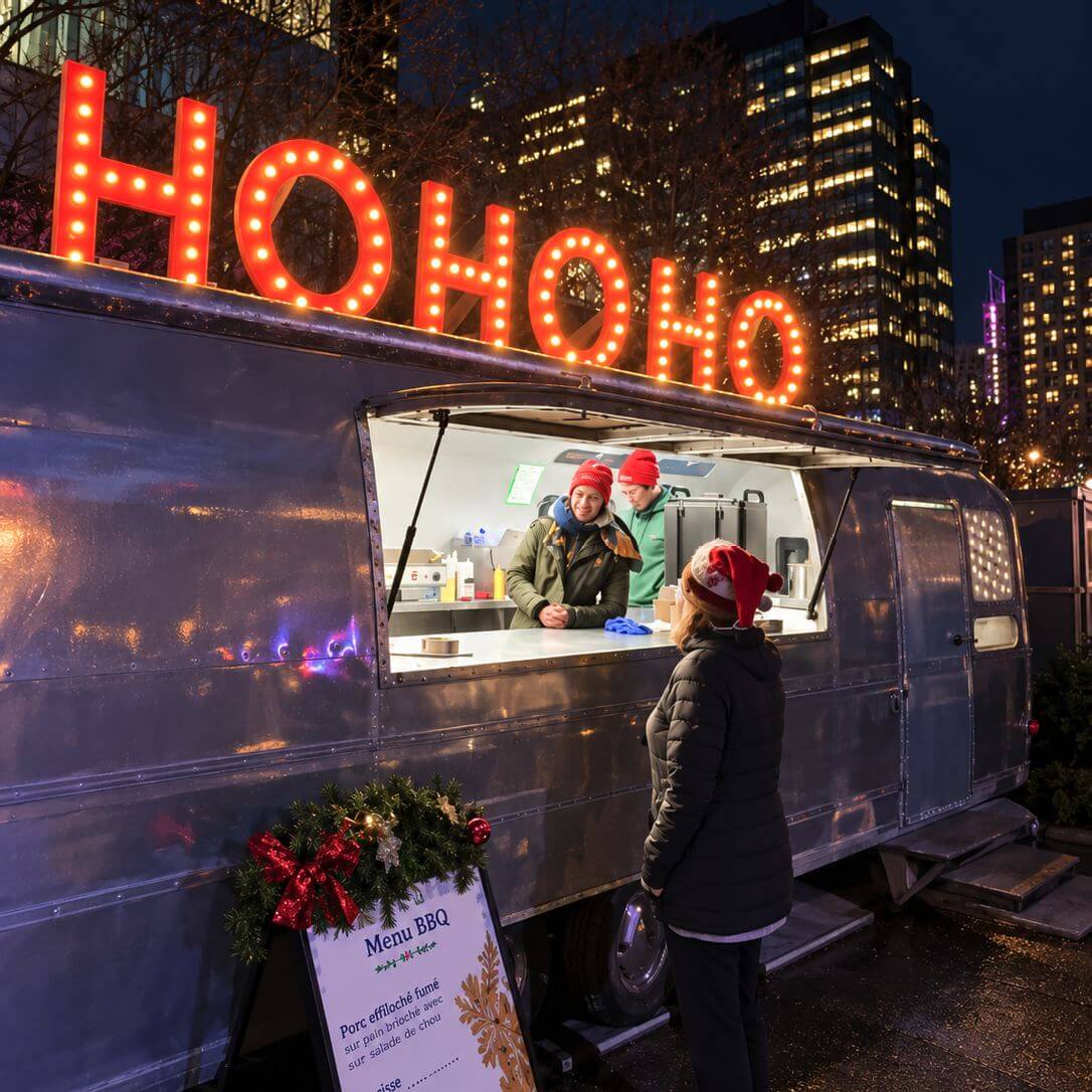 Camion de cuisine de rue surmonté d’une enseigne lumineuse « HO HO HO » dans un marché de Noël à Montréal