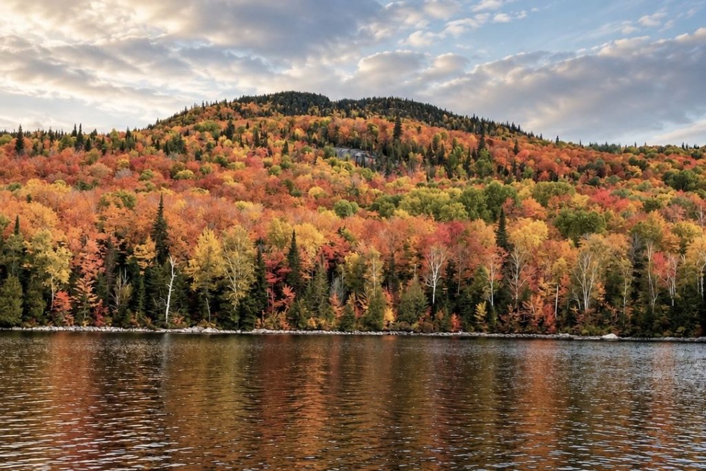Forêt aux couleurs d'automne se reflétant dans un lac au pied du mont Sourire, à Saint-Donat